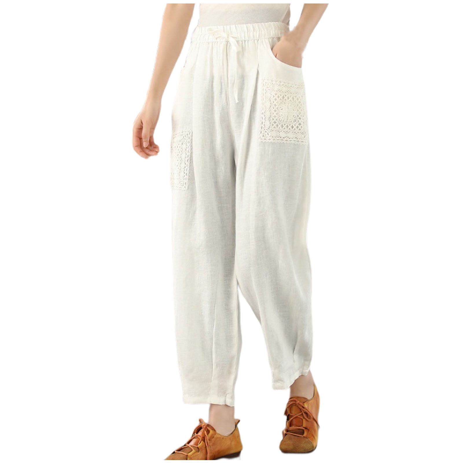 Women's Cotton Linen Harem Pants Casual Solid Drawstring Elastic Waist Wide  Leg Pants Pockets Baggy Lantern Trousers(M,White)