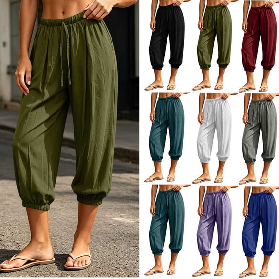 Women's Cotton Linen High Waist Pleated Three Quarter Capri Pants, Elastic Drawstring Pocket Loose Trousers, Breathable Four Season Casual Sport | TruHer,Army Green L