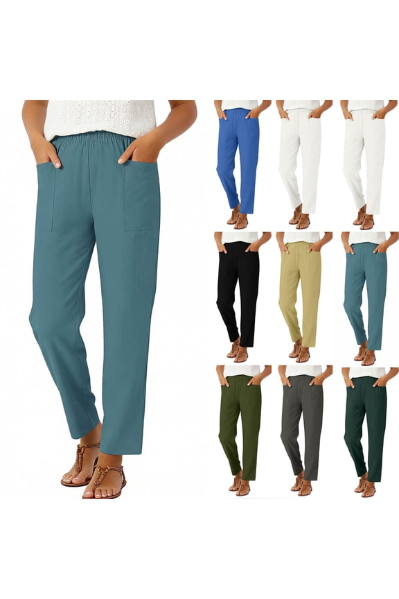 Women's Cotton Linen High Waist Straight Leg Long Pants with Pockets, Elastic Waist Loose Fit, Solid Pleated Casual, Business Work Beach Wide Leg Womens | VerBelle,Black XL