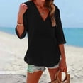 thumbnail image 1 of Women's Cotton Linen Hooded Cover Up, 3/4 Sleeve V-Neck Pocket Shirt, Lightweight Beach Kimono for Bikini Cover, Summer Vacation, and Resort Wear-Black, 1 of 9