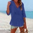 thumbnail image 1 of Women's Cotton Linen Hooded Cover Up, 3/4 Sleeve V-Neck Pocket Shirt, Lightweight Beach Kimono for Bikini Cover, Summer Vacation, and Resort Wear-Blue, 1 of 10
