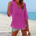 thumbnail image 1 of Women's Cotton Linen Hooded Cover Up, 3/4 Sleeve V-Neck Pocket Shirt, Lightweight Beach Kimono for Bikini Cover, Summer Vacation, and Resort Wear-Hot Pink, 1 of 10