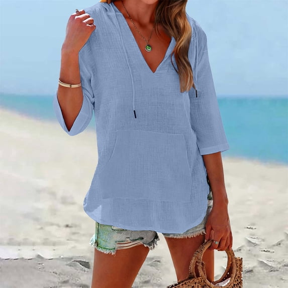 Women's Cotton Linen Hooded Cover Up, 3/4 Sleeve V-Neck Pocket Shirt, Lightweight Beach Kimono for Bikini Cover, Summer Vacation, and Resort Wear-Sky Blue