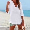 thumbnail image 1 of Women's Cotton Linen Hooded Cover Up, 3/4 Sleeve V-Neck Pocket Shirt, Lightweight Beach Kimono for Bikini Cover, Summer Vacation, and Resort Wear-White, 1 of 10