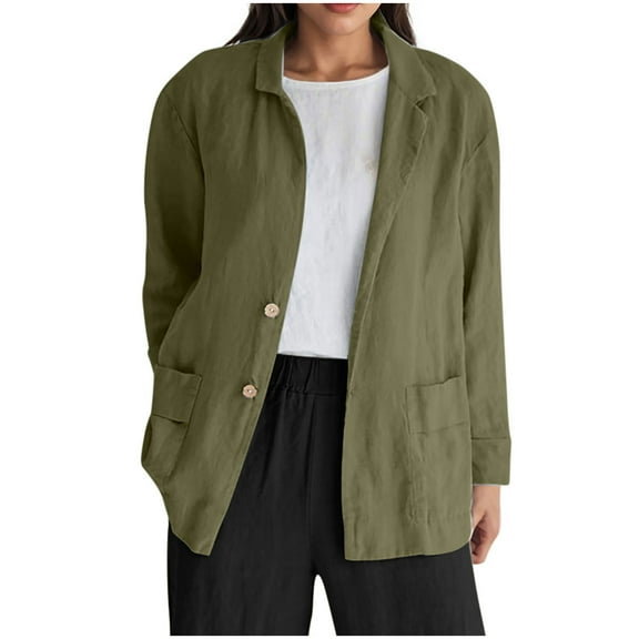 Women's Cotton Linen Jacket Casual Loose Long Sleeve Solid Color Notch Lapel Button Down Coat Fall Lightweight Trendy Comfy Outwear with Pocket