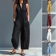 thumbnail image 1 of Women's Cotton Linen Jumpsuit, Sleeveless Stand Collar Loose Jumpsuit with Pockets, Casual Wide Leg Overalls, Summer Casual Jumpsuit and Work Jumpsuit for Women​-Black, 1 of 7