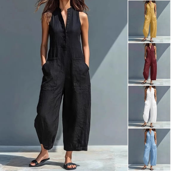 Women's Cotton Linen Jumpsuit, Sleeveless Stand Collar Loose Jumpsuit with Pockets, Casual Wide Leg Overalls, Summer Casual Jumpsuit and Work Jumpsuit for Women-Black