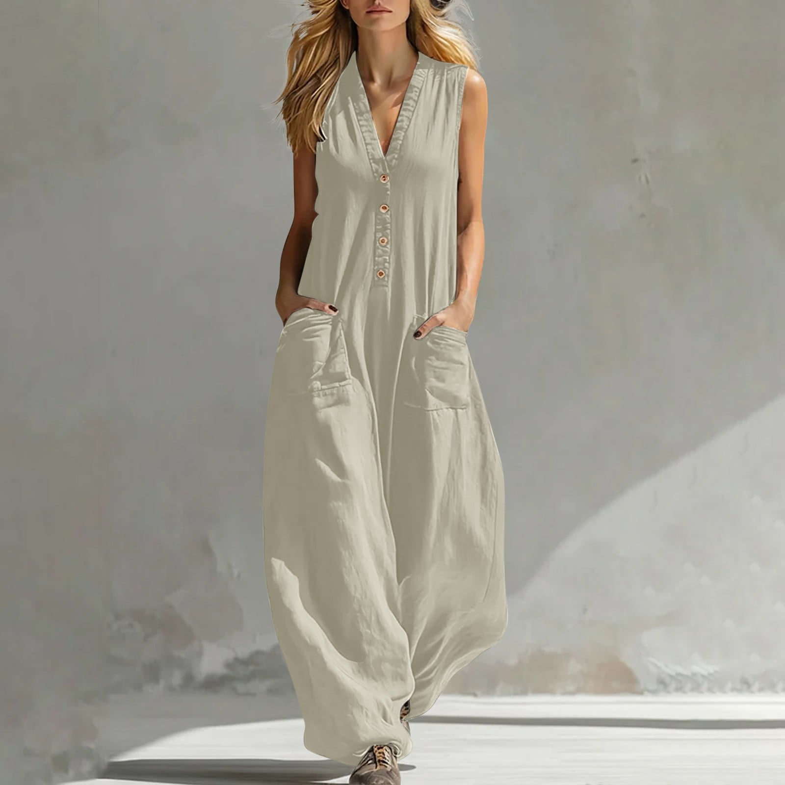 Women's Cotton Linen Jumpsuit, Sleeveless V-Neck Wide Leg Culotte