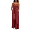 thumbnail image 1 of Women's Cotton Linen Lace Casual Overalls Summer Jumpsuit Loose Baggy Wide Leg Ruffle Pants Rompers with Pockets Red S(S), 1 of 8