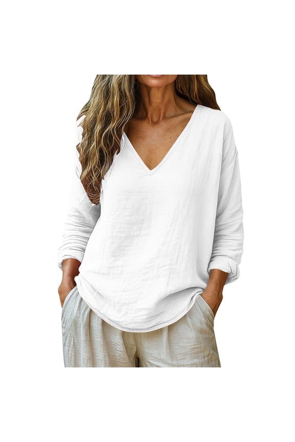 Women's Cotton Linen Lightweight Tops Long Sleeve Plain Shirts Layering Under Cardigan Blouses
