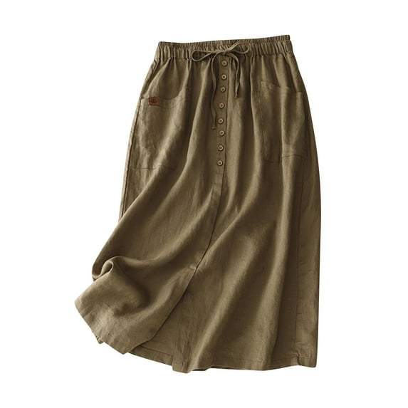 Women's Cotton Linen Long Skirt, Drawstring Waist a Line Button Flowy Maxi Beach Skirts with Pockets Khaki XXL