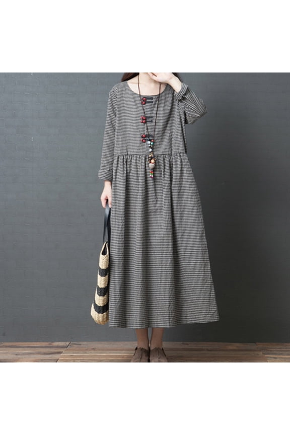 Women's Cotton Linen Long Sleeve Flowy A Line Casual Summer Long Maxi Dress with Pockets Gray XL