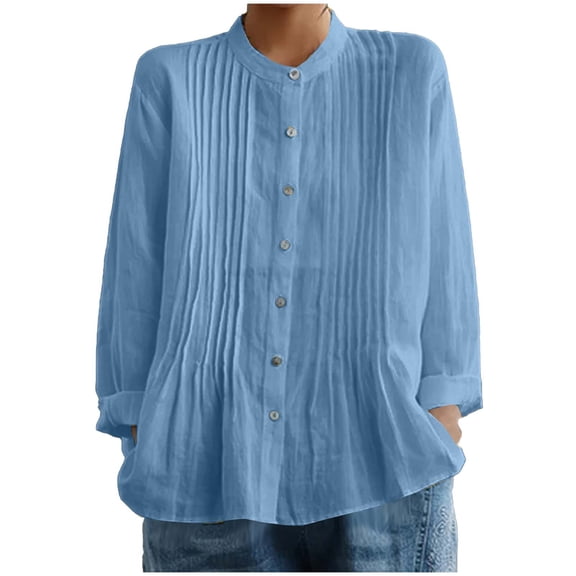 Women's Cotton Linen Long Sleeve Shirt Button Down Pleated Top Loose Casual Crew Neck Tunic Blouse for Daily Wear,XL,Light Blue