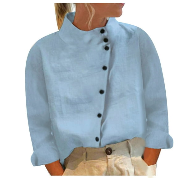 Women's Cotton Linen Long Sleeve Shirts qolati 2024 Summer Mock Neck Button Down Tunic T Shirt Lightweight Casual Boho Beach Blouse Tops