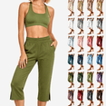 thumbnail image 1 of Women's Cotton Linen Loose Fit Capri Pants with Pockets, Mid Elastic Waist, Side Slit with Button Design, Casual Beach Outdoor, Womens Summer Outfits | VerBelle,Army Green 2XL, 1 of 7