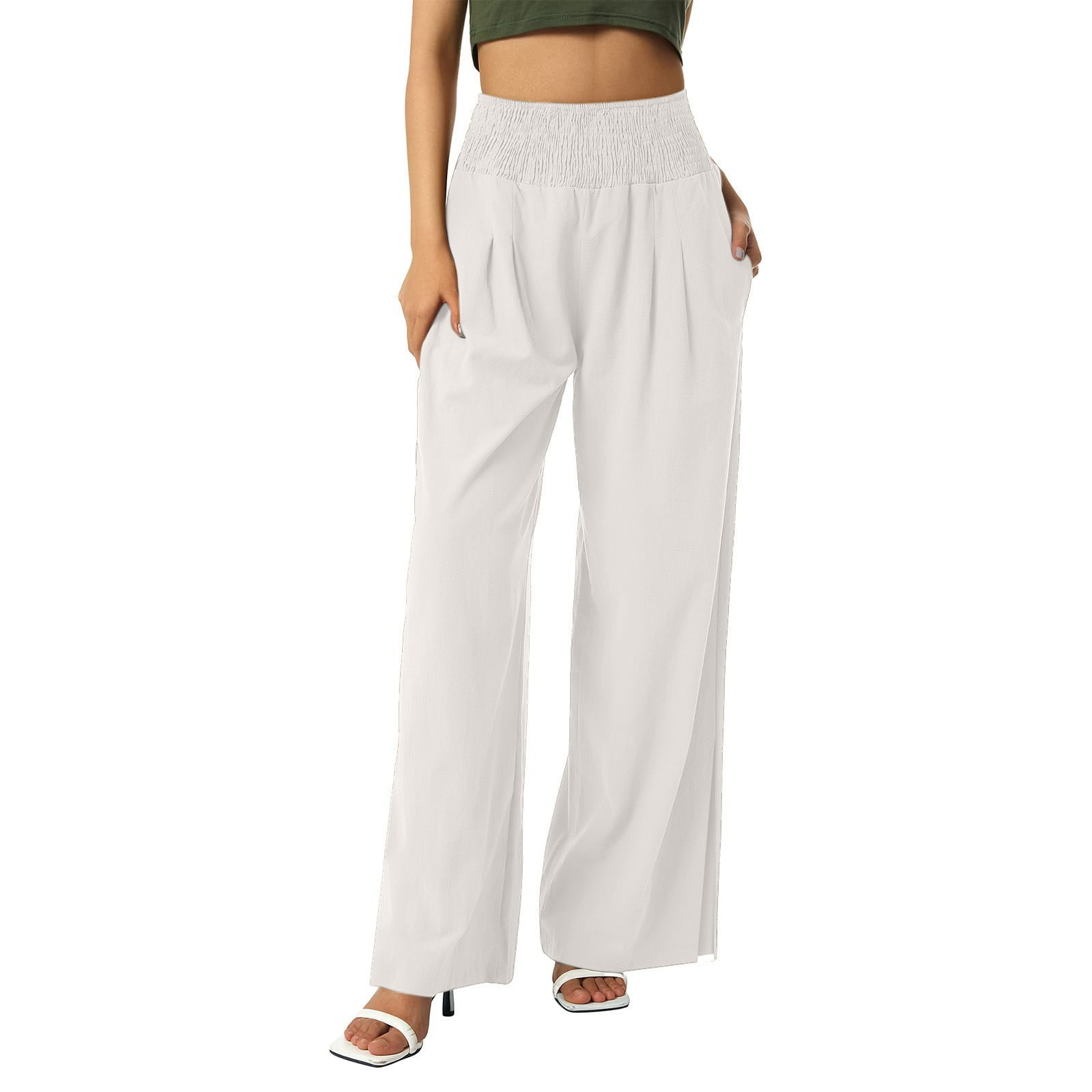 Women's Cotton Linen Loose Fit Palazzo Pants Summer Casual High Waist