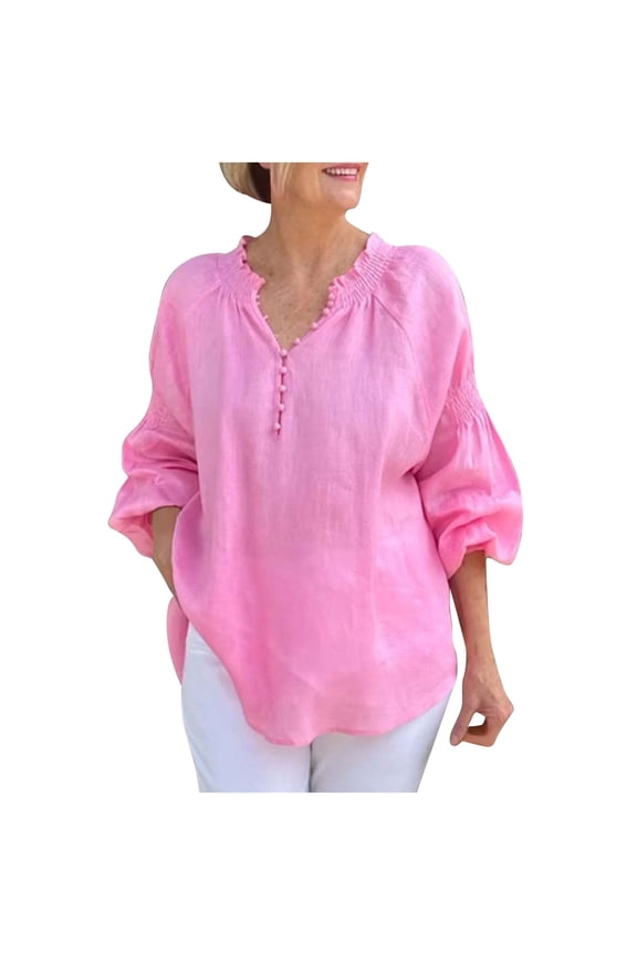 Women's Cotton Linen Loose Lantern Sleeve Button V-Neck Boho Tunic Top Dressy Comfy Blouse Shirt