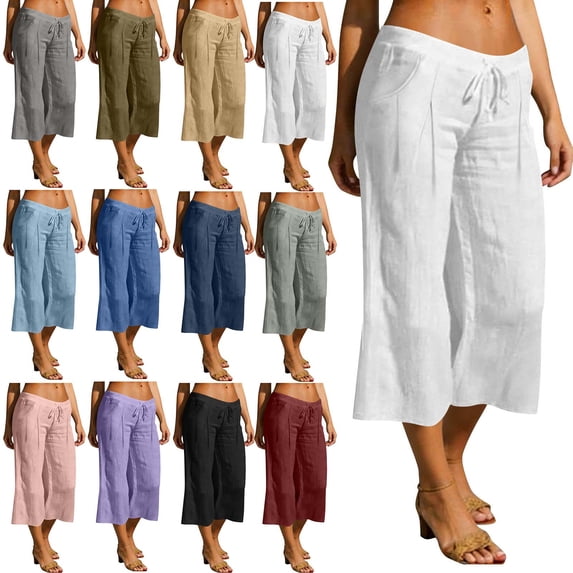 Women's Cotton Linen Loose Straight Capris, Mid Elastic Waist Drawstring Pants, Pockets Straight Leg Capris, Casual Summer Capris for Women, Womens Cropped | VerBelle,Blue L