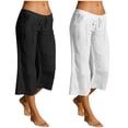thumbnail image 1 of Women's Cotton Linen Loose Straight Capris, Mid Elastic Waist Drawstring Pants, Pockets Straight Leg Capris, Casual Summer Capris for Women, Womens Cropped | VerBelle,Black L, 1 of 8