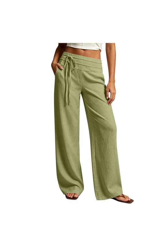 Women's Cotton Linen Low Rise Side Tie Wide Leg Pants Adjustable Drawstring Straps with Flowy Drapey Fabric Casual Loose Fit Trousers for Spring Summer Army Green L(L)