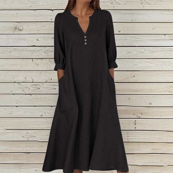 Women's Cotton Linen Maxi Dress, 3/4 Sleeve V Neck Solid Color Casual Long Dress, Loose Fit Everyday Midi Dress for Summer and Daily Wear Black XL