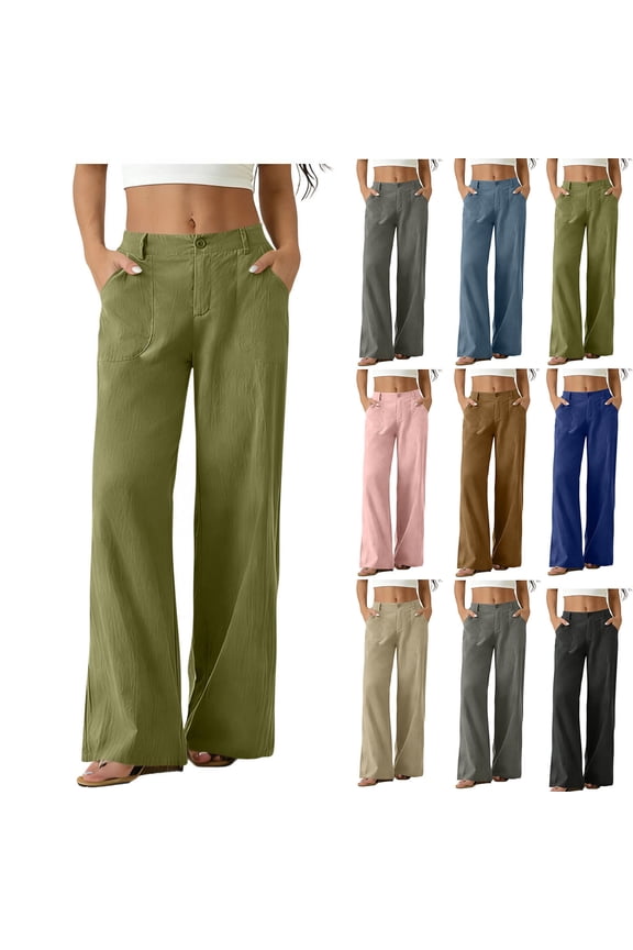 Women's Cotton Linen Mid Waist Loose Straight Long Pants, Tummy Control Relaxed Fit with Functional Pockets, Soft Breathable Fabric for Summer, Casual Workwear, Beach Outing,