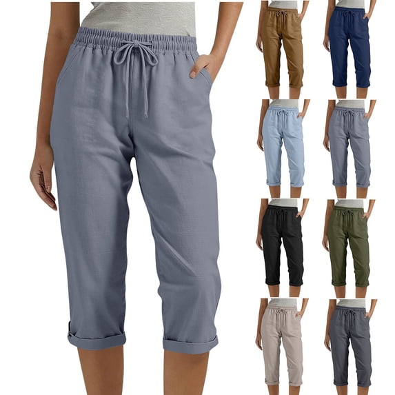Women's Cotton Linen Mid Waisted Straight Leg Pants with Pockets & Buttons, Casual Business Lounge Summer Trousers, Loose Soft Lightweight Womens | VerBelle,Brown 2XL
