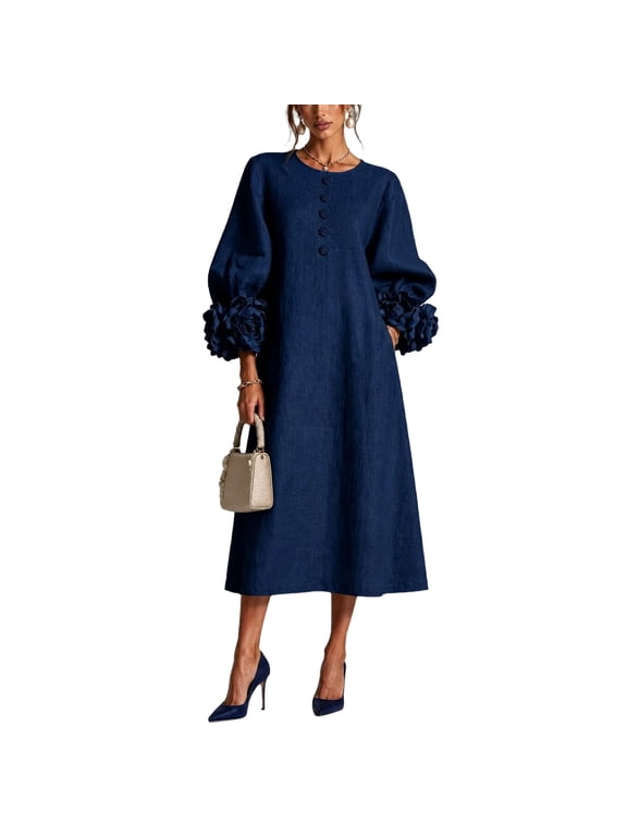 Women's Cotton Linen Midi Dress 3D Floral Lantern Sleeve Round Neck Button Front A Line Loose Fit French Style Long Dress Casual Elegant Summer Navy L
