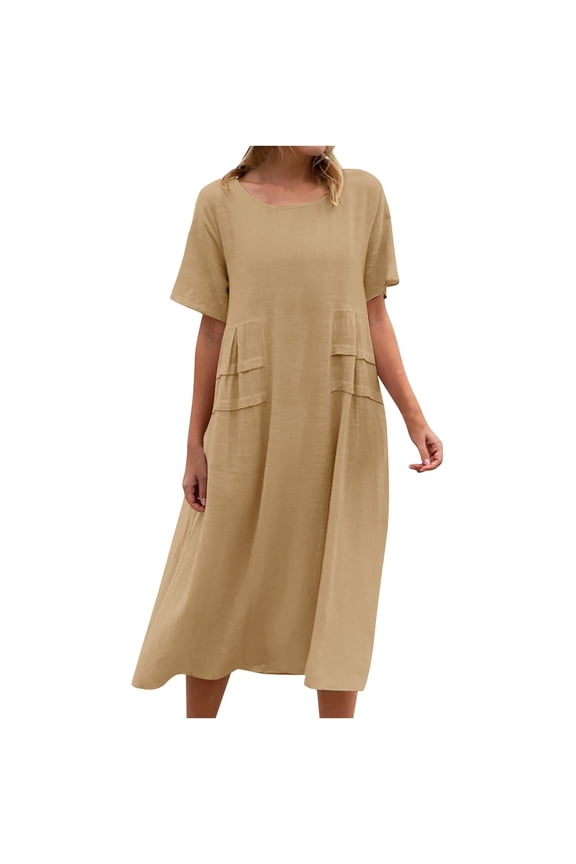Women's Cotton Linen Midi Dress Casual Plus Size Crew Neck Short Sleeve Dresses Loose Fit Comfy Flowy Dresses for Old Women Holiday deal