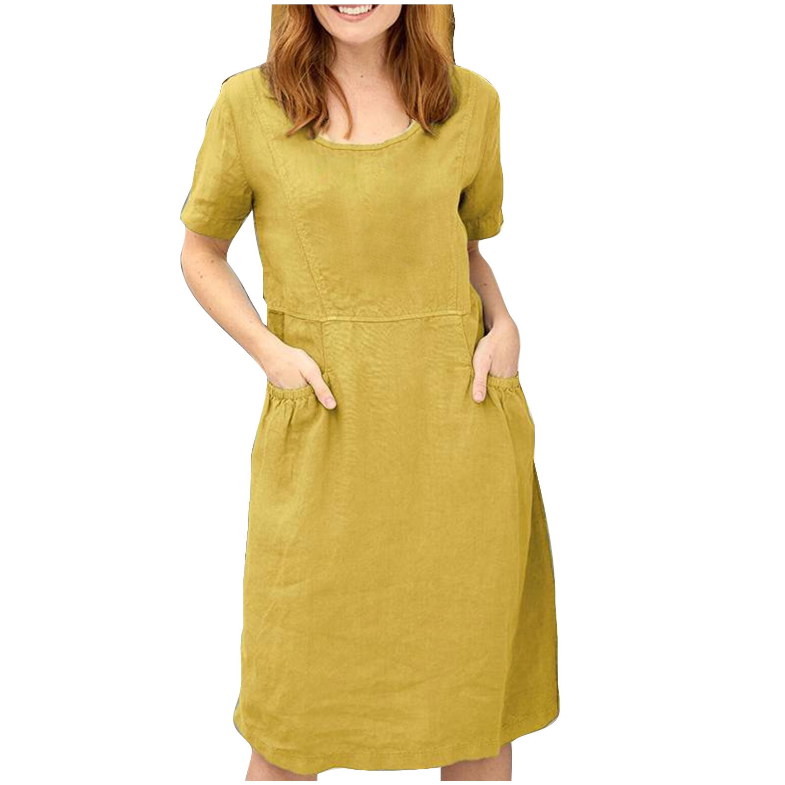 Linen T-Shirt Dress For Women  Short Sleeve, Crew Neck, Midi Length With  Pockets, Casual Summer Dress Short Sleeve T-shirt Midi Dress