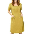 thumbnail image 1 of Women's Cotton Linen Midi Dress Crewneck Short Sleeve Causal Loose Tshirt Dresses with Pockets, 1 of 1