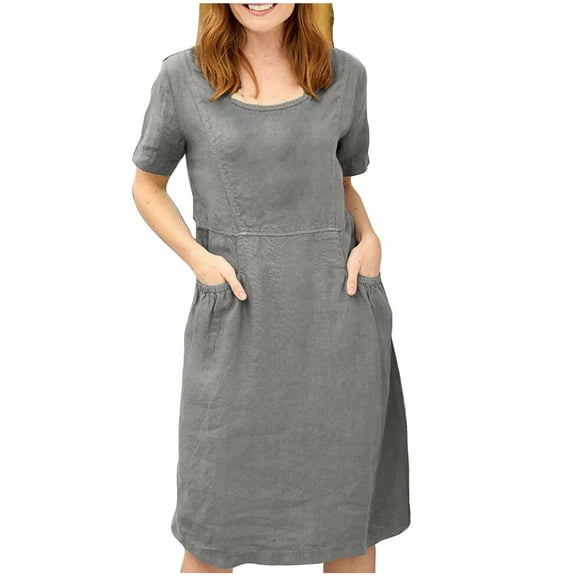 Women's Cotton Linen Midi Dress Crewneck Short Sleeve Causal Loose Tshirt Dresses with Pockets