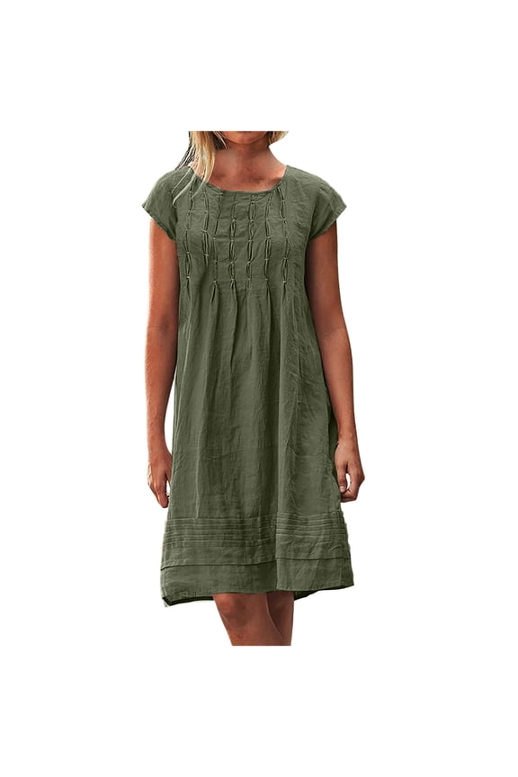 Women's Cotton Linen Midi Dress Plus Size Cap Sleeve Pleated Summer Dresses Vacation 2025 Crew Neck Casual Dress, 2923 Limited Time