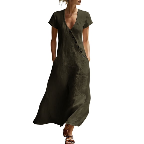 Women's Cotton Linen Midi Dress Summer Short Sleeve V‑Neck Asymmetrical Button Casual Dress with Side Pockets Army Green XXL(XXL)