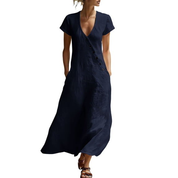 Women's Cotton Linen Midi Dress Summer Short Sleeve V‑Neck Asymmetrical Button Casual Dress with Side Pockets Navy M(M)