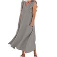 thumbnail image 1 of Women's Cotton Linen Midi Dress Summer Solid Color V‑Neck Ruffle Cap Sleeve Loose Dress with Dual Side Pockets Gray XL(XL), 1 of 6