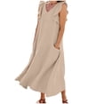 thumbnail image 1 of Women's Cotton Linen Midi Dress Summer Solid Color V‑Neck Ruffle Cap Sleeve Loose Dress with Dual Side Pockets Khaki L(L), 1 of 6