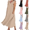 thumbnail image 1 of Women's Cotton Linen Midi Dress Summer Solid Color V‑Neck Ruffle Cap Sleeve Loose Dress with Dual Side Pockets Khaki XL(XL), 1 of 6