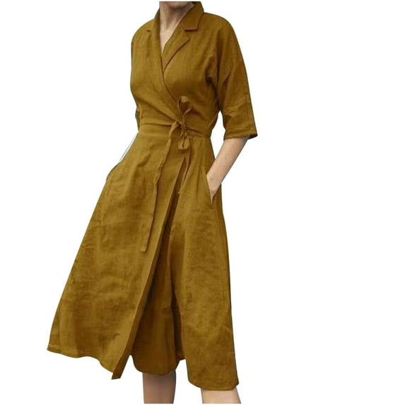 Women's Cotton Linen Midi Dresses Half Sleeve Turndown Collar Plain Wrap Shirts Dress Tie Waisted Casual Comfy Dress