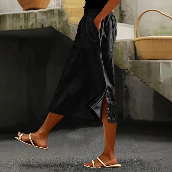 Women's Cotton Linen Midi Skirt Elastic Waist Side Button Split Pockets Solid Color Casual A-Line Mid-Calf Skirt 02-Black XXL