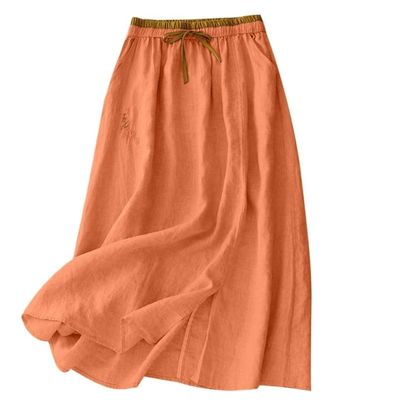 Women's Cotton Linen Midi Skirt Embroidery Drawstring High Waisted a Line Flowy Side Split Boho Long Beach Summer Skirts Orange L