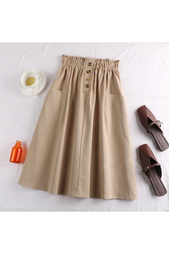 Women's Cotton Linen Midi Skirt High Waist Button-Front A-Line Skirts with Pockets Dress Casual Summer Vacation Wear Khaki One Size