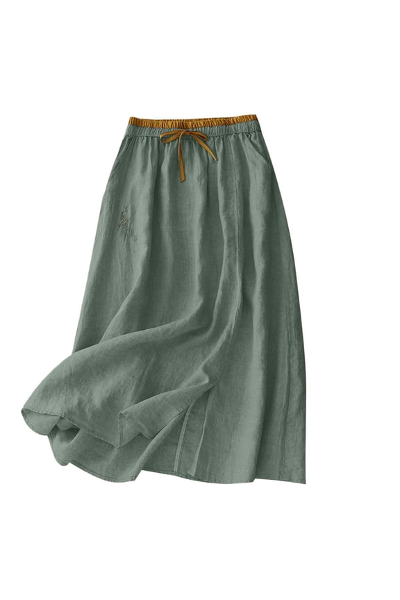 Women's Cotton Linen Midi Skirt with Pockets Casual Flowy Swing Elastic High Waist A-Line Split Long Boho Skirts Army Green 2XL