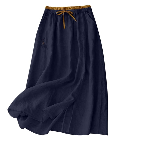 Women's Cotton Linen Midi Skirt with Pockets Casual Flowy Swing Elastic High Waist A-Line Split Long Boho Skirts Blue XL