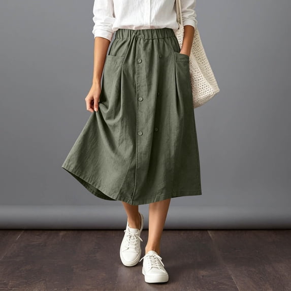 Women's Cotton Linen Midi Skirts Elastic Waist Front Button Solid Color A-Line Skirts Loose Causal Going Out Skirts with Pockets, L