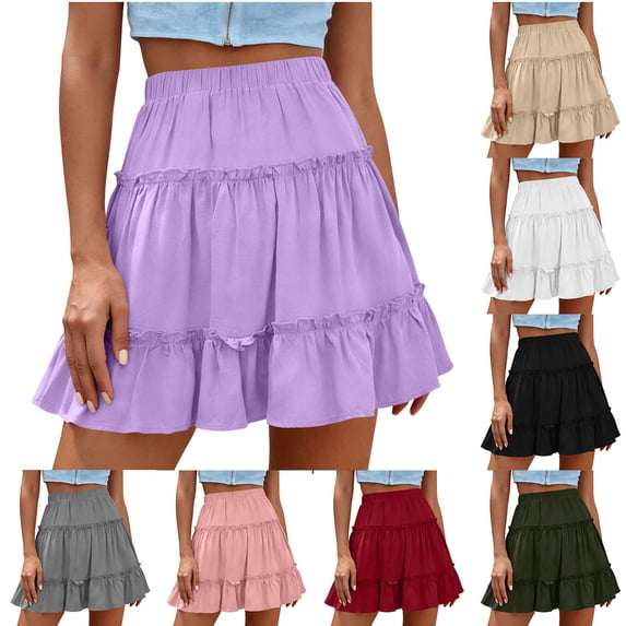 Women's Cotton Linen Mini Skirts Elastic Waist Ruffle A-Line Flared Skirts Summer Casual Boho Flowy Short Skirt