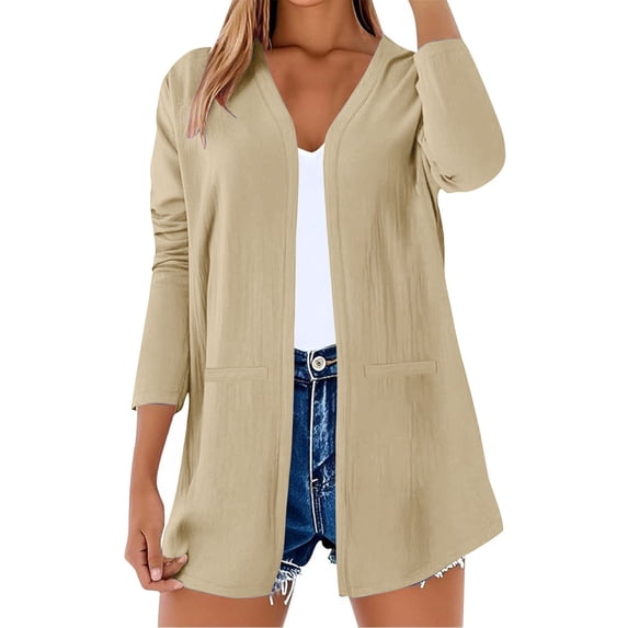Women's Cotton Linen Open Front Cardigans Long Sleeve Pockets Plus Size Spring Fall Cardigan Blouses Outerwear (3XL, Beige)