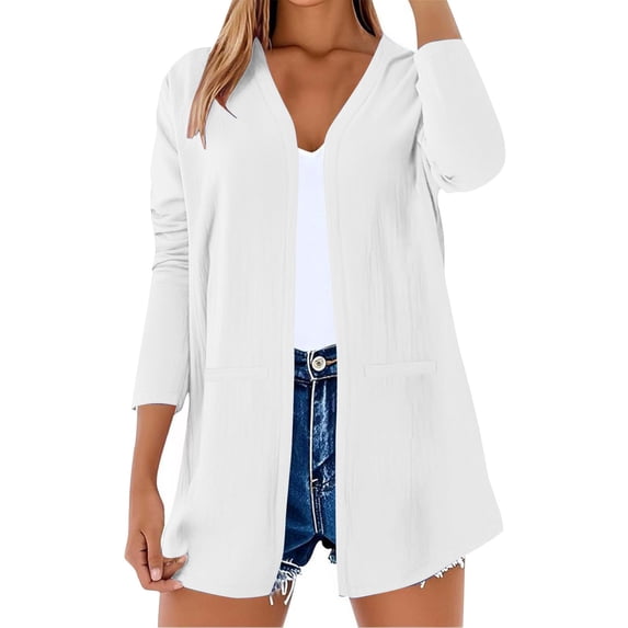 Women's Cotton Linen Open Front Cardigans Long Sleeve Pockets Plus Size Spring Fall Cardigan Blouses Outerwear (3XL, White)