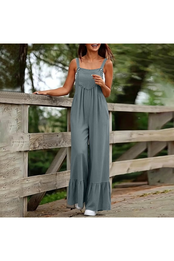 Women's Cotton Linen Overall Lace Patchwork Jumpsuit Ruffle Hem Wide Leg Pants with Pockets Boho Vacation Wear Gray Overalls Women S