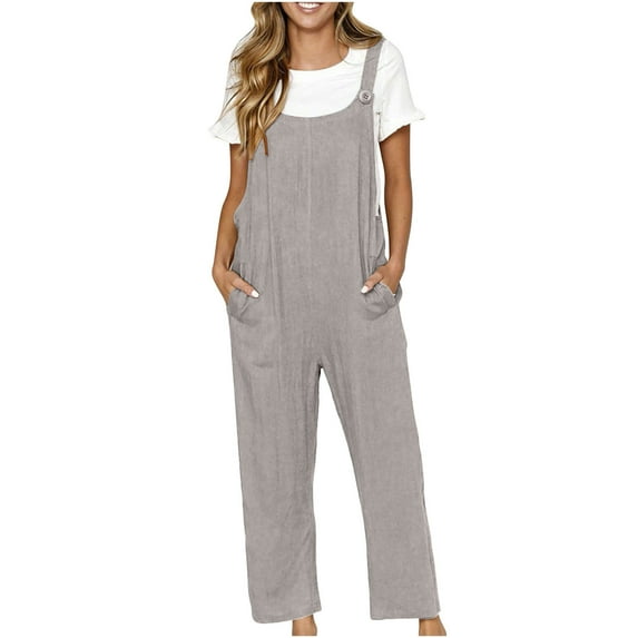 Women's Cotton Linen Overalls Summer Solid Plus Size Casual Straight Leg Jumpsuits Going Out Street Rompers